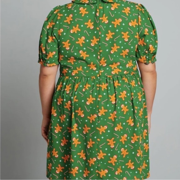ModCloth Dress Green Brown Gingerbread Print 6 Peter Pan Collar Tags Still On - Picture 4 of 16
